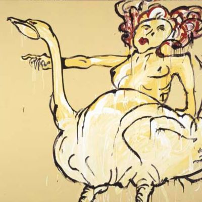 An abstract painting of a woman and a swan